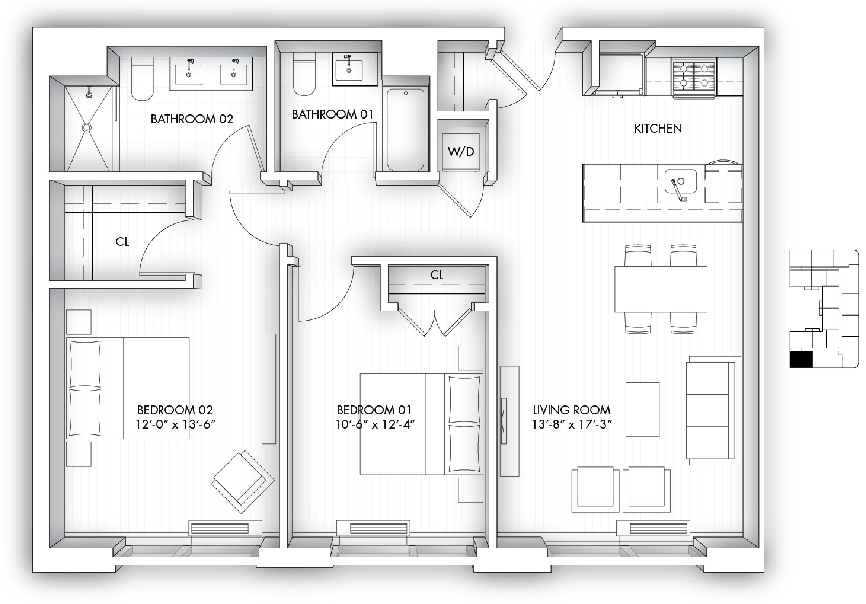 Floor plan for 2 beds, 2 baths, 1084 sqft
